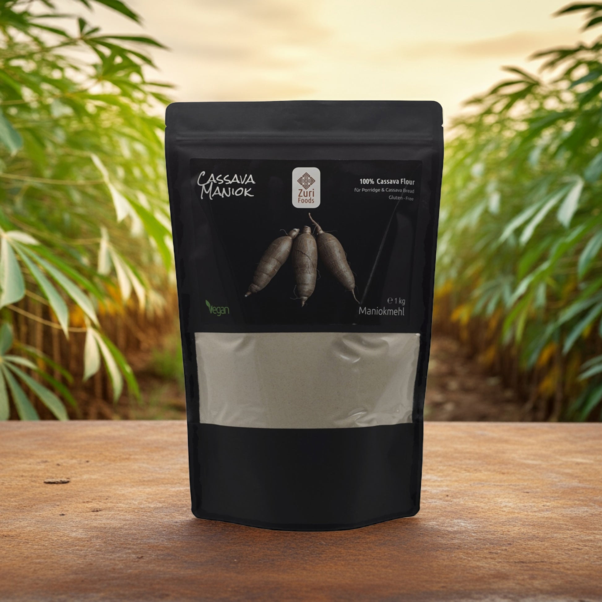 Cassava Mehl Packung in einer Biofarm in Uganda