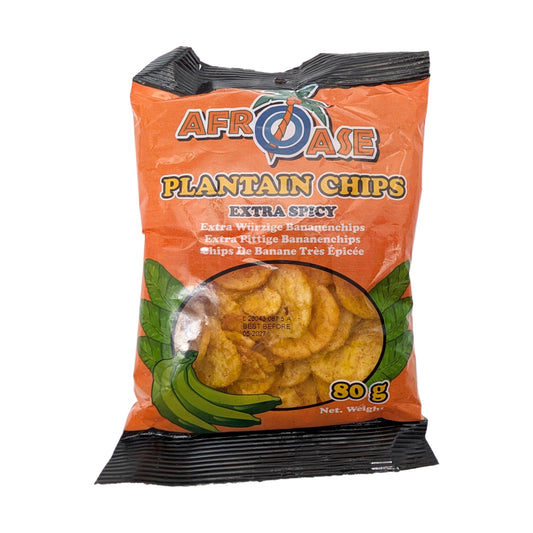 Plantain Chips Extra Spicy (Extra scharfe Kochbananenchips) – 80g von Afroase